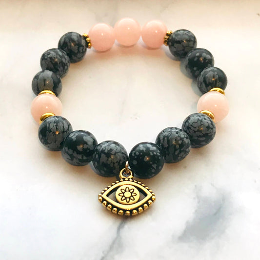 Handmade Snowflake Obsidian and Pink Adventurine Gemstone Bracelet