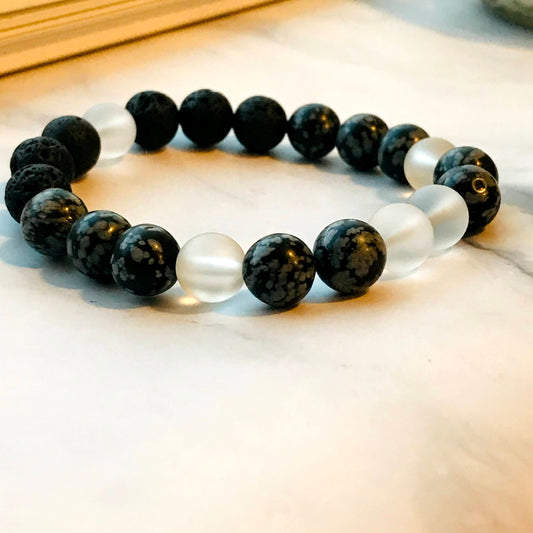 Handmade Snowflake Obsidian, Lava Stone, Clear Quartz Energy Healing Gemstone Bracelet
