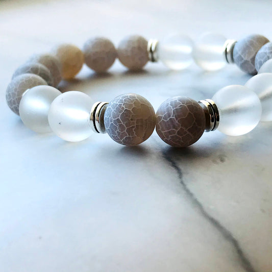 Handmade Gray Agate, Aquamarine, Clear Quartz Energy Healing Gemstone Bracelet