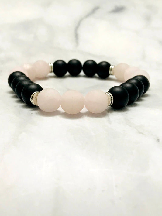 Handmade Black Onyx and Rose Quartz Energy Healing Gemstone Bracelet