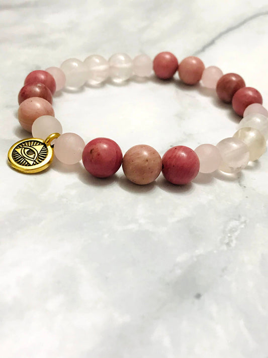 Handmade Rhodonite and Rose Quartz Energy Healing Gemstone Bracelet