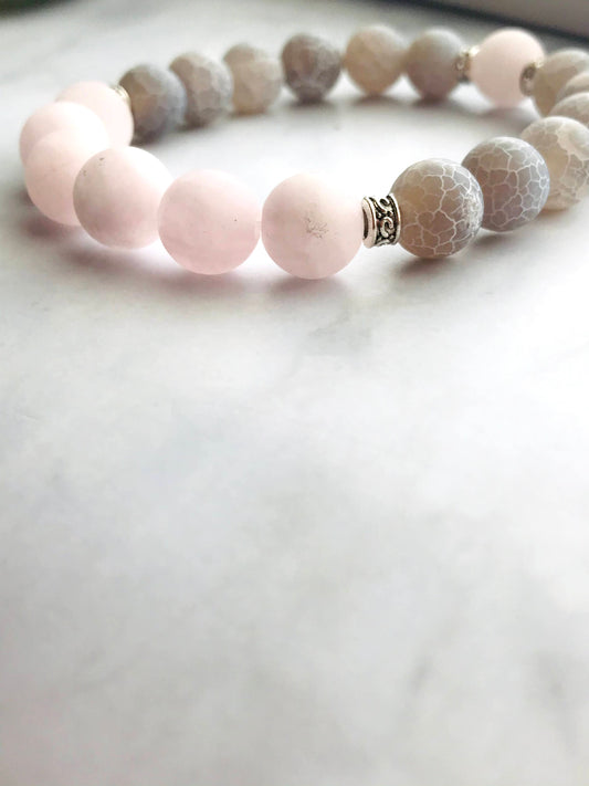 Handmade Gray Agate and Rose Quartz Energy Healing Gemstone Bracelet