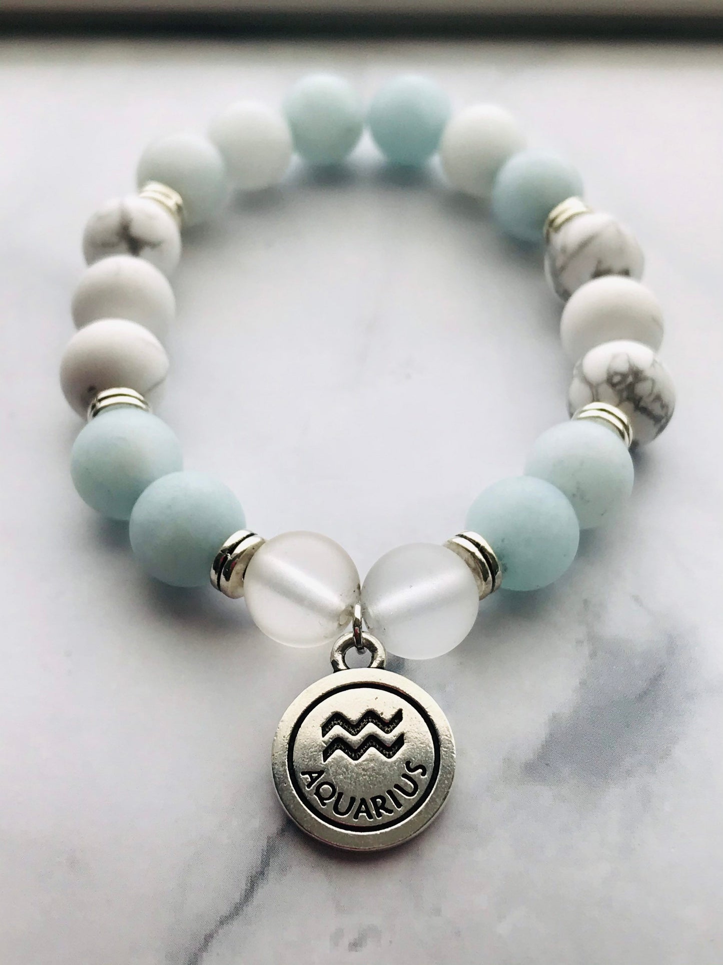Aquamarine, Clear Quartz,Howlite Handmade Gemstone Bracelet, Energy Bracelet, Gemstone Bracelet, Beaded Bracelet, Aquarius Silver Charm