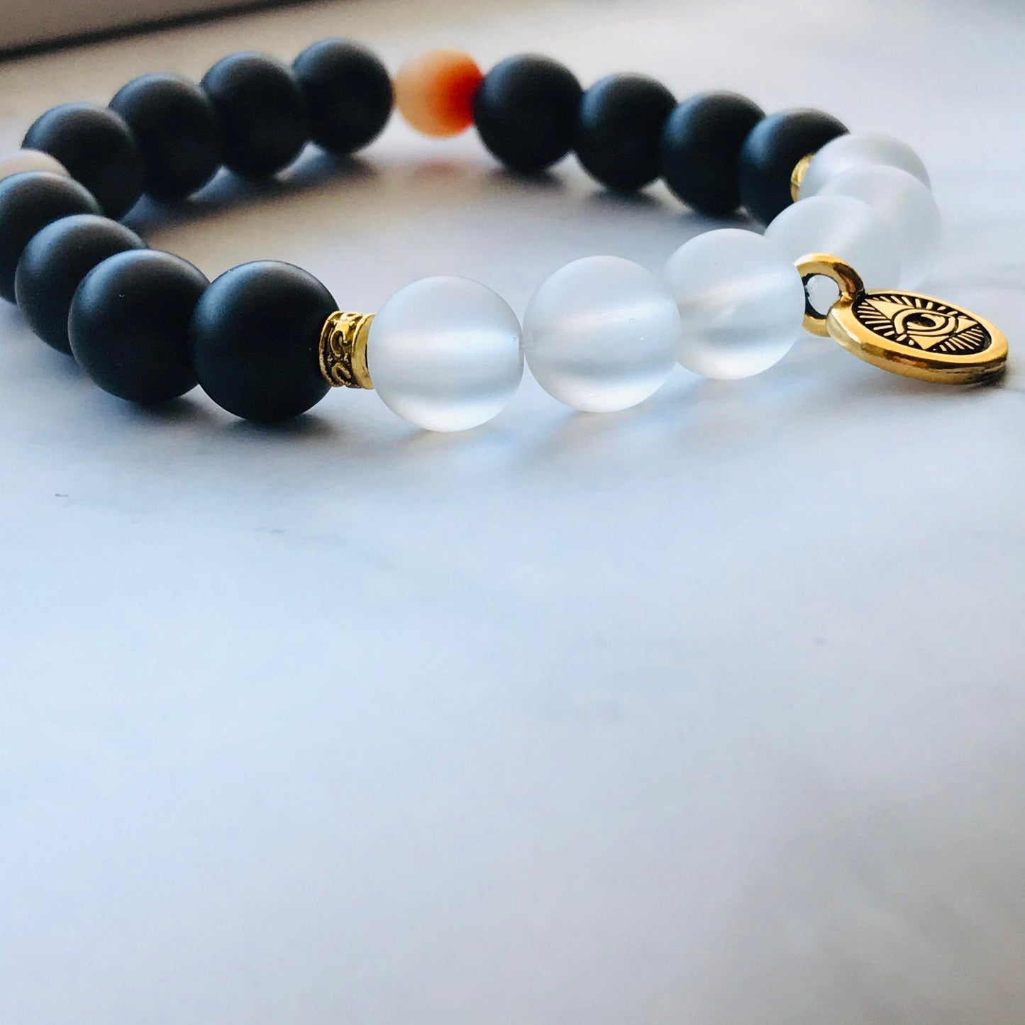 Handmade Black Onyx Clear Quartz and Red Fire Agate Gemstone Bracelet, Energy Bracelet, Gemstone Bracelet, Beaded Bracelet