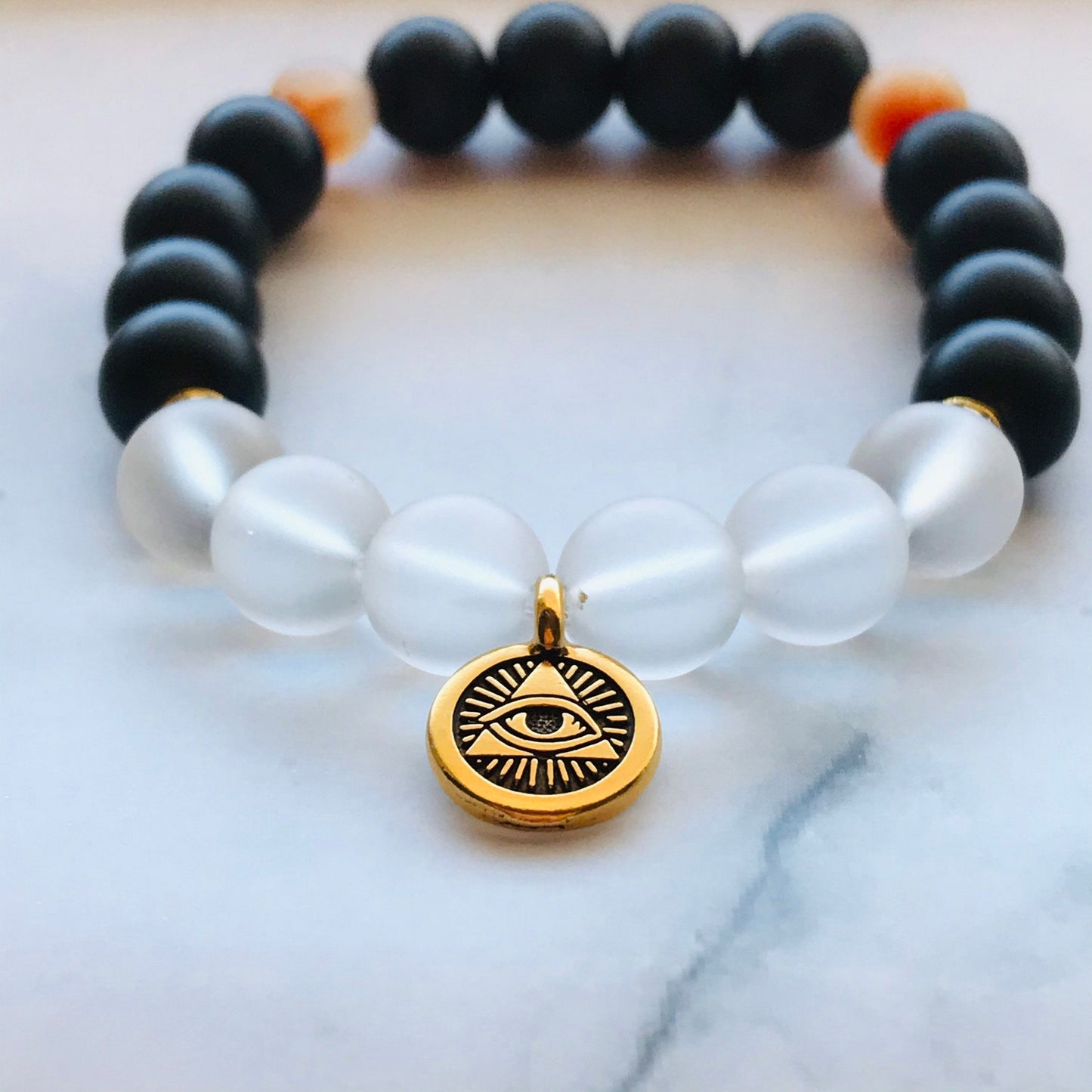 Handmade Black Onyx Clear Quartz and Red Fire Agate Gemstone Bracelet, Energy Bracelet, Gemstone Bracelet, Beaded Bracelet