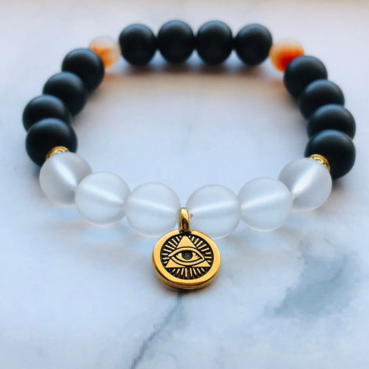 Handmade Black Onyx Clear Quartz and Red Fire Agate Gemstone Bracelet, Energy Bracelet, Gemstone Bracelet, Beaded Bracelet