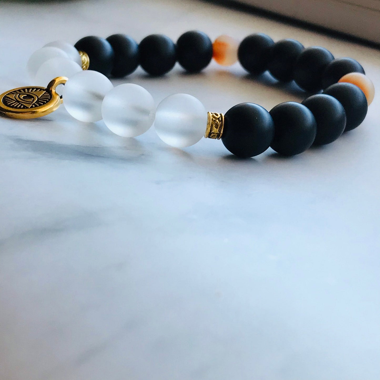 Handmade Black Onyx Clear Quartz and Red Fire Agate Gemstone Bracelet, Energy Bracelet, Gemstone Bracelet, Beaded Bracelet