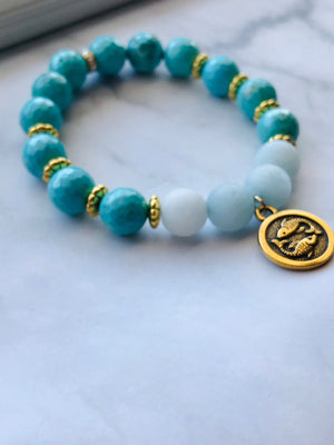 Turquoise and Aquamarine Handmade Gemstone Bracelet, Energy Bracelet, Gemstone Bracelet, Beaded Bracelet with Pisces Charm