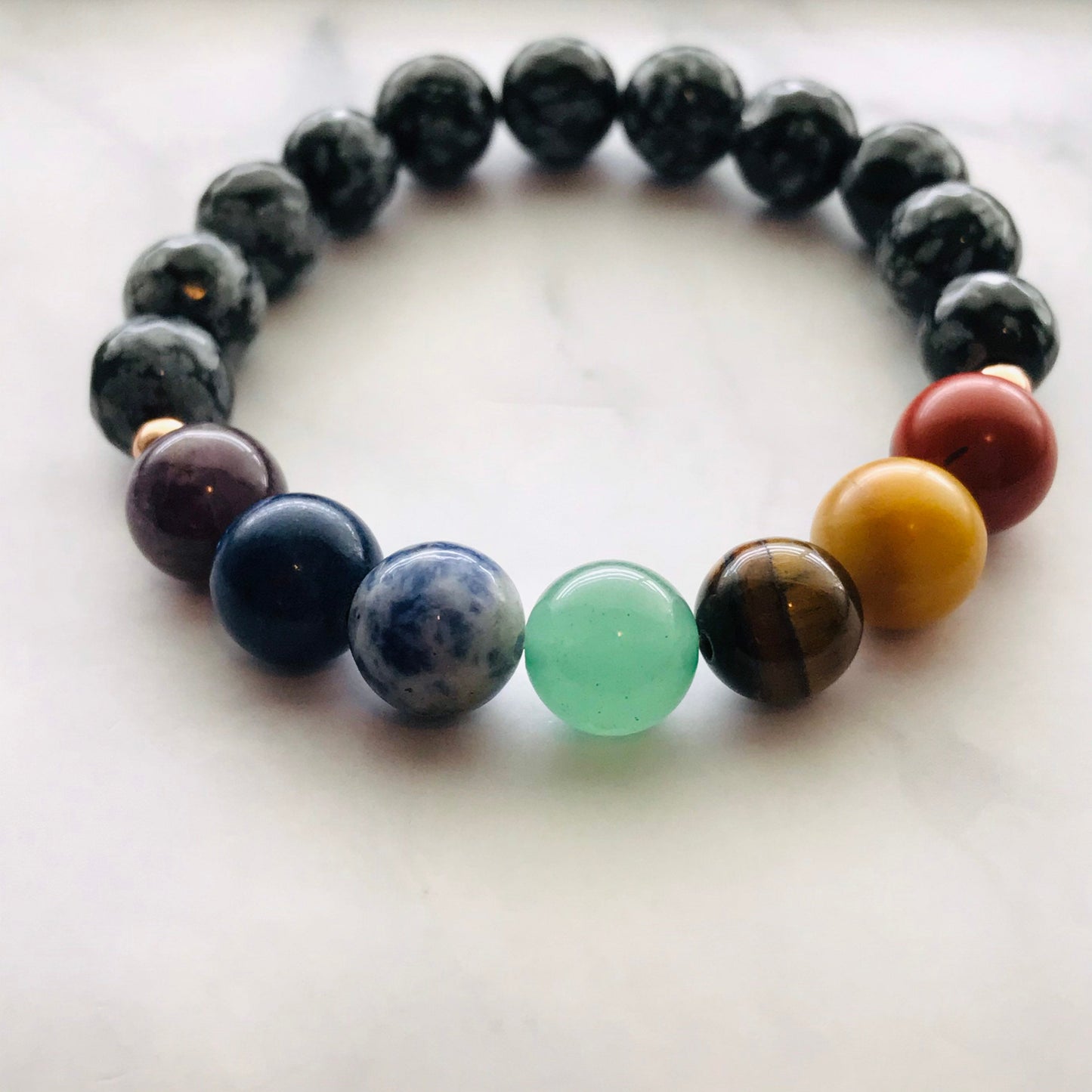 Chakra Healing Bracelet Amethyst, Lapis, Sodalite, Aventurine, Tigers Eye, Yellow Jade, Red Jasper, & Snowflake Obsidian Chakra Bracelet