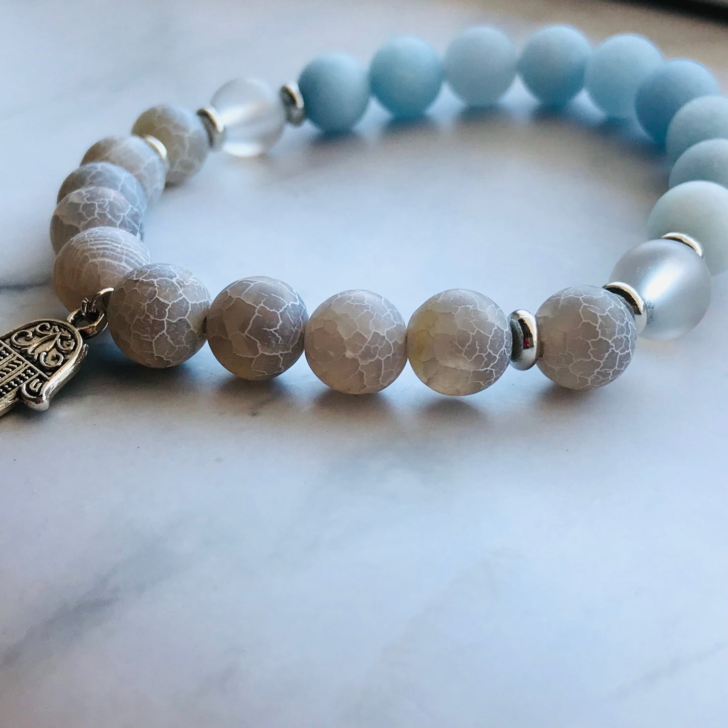 Handmade Gray Agate, Aquamarine, Clear Quartz Energy Healing Gemstone Bracelet - PharosMoon