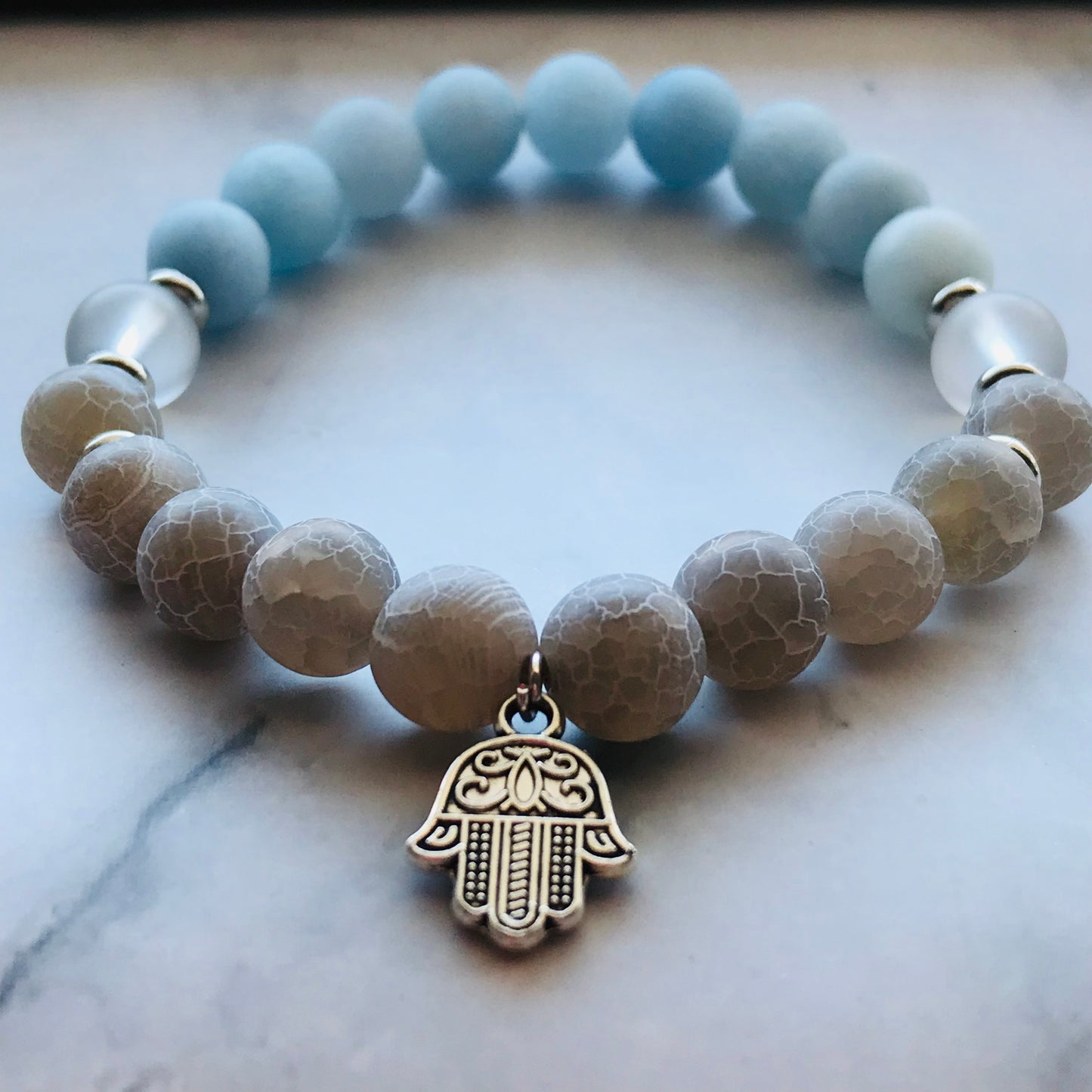 Handmade Gray Agate, Aquamarine, Clear Quartz Energy Healing Gemstone Bracelet - PharosMoon