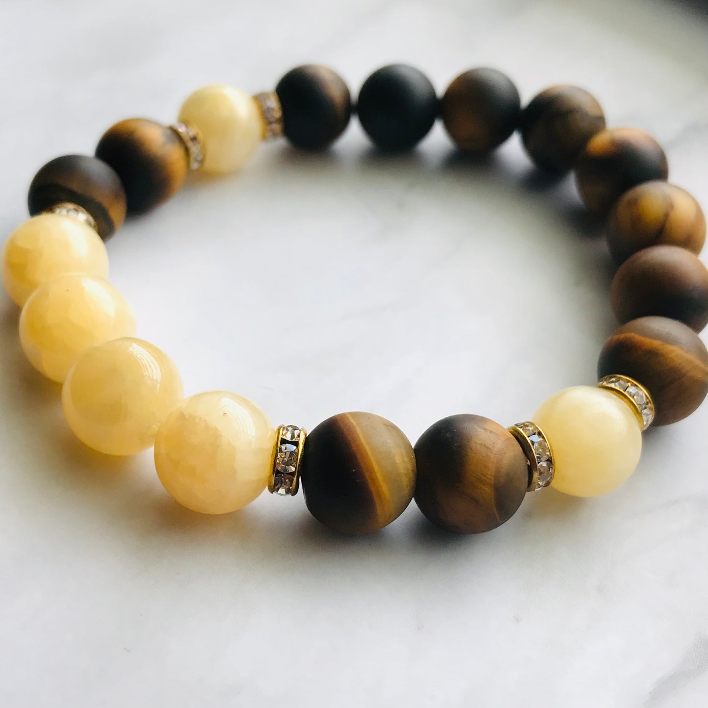 Handmade Solar Plexus Chakra -Yellow Calcite & Tiger's Eye Gemstone Bracelet - PharosMoon