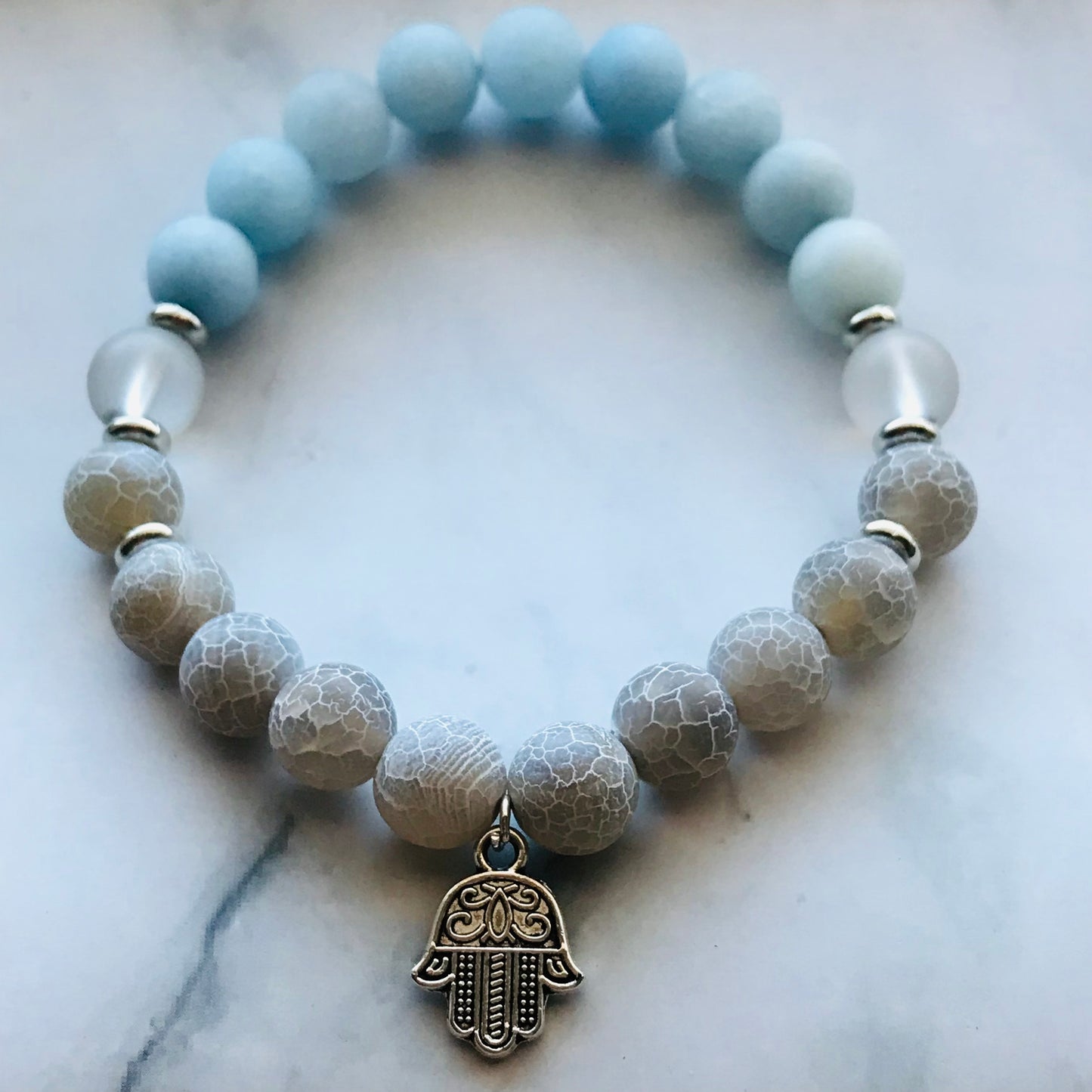 Handmade Gray Agate, Aquamarine, Clear Quartz Energy Healing Gemstone Bracelet - PharosMoon