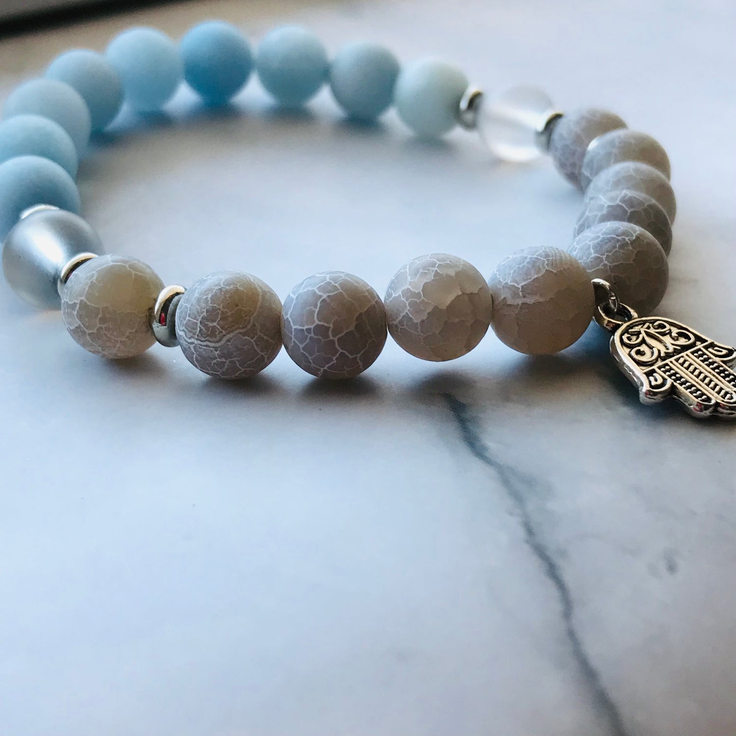 Handmade Gray Agate, Aquamarine, Clear Quartz Energy Healing Gemstone Bracelet - PharosMoon