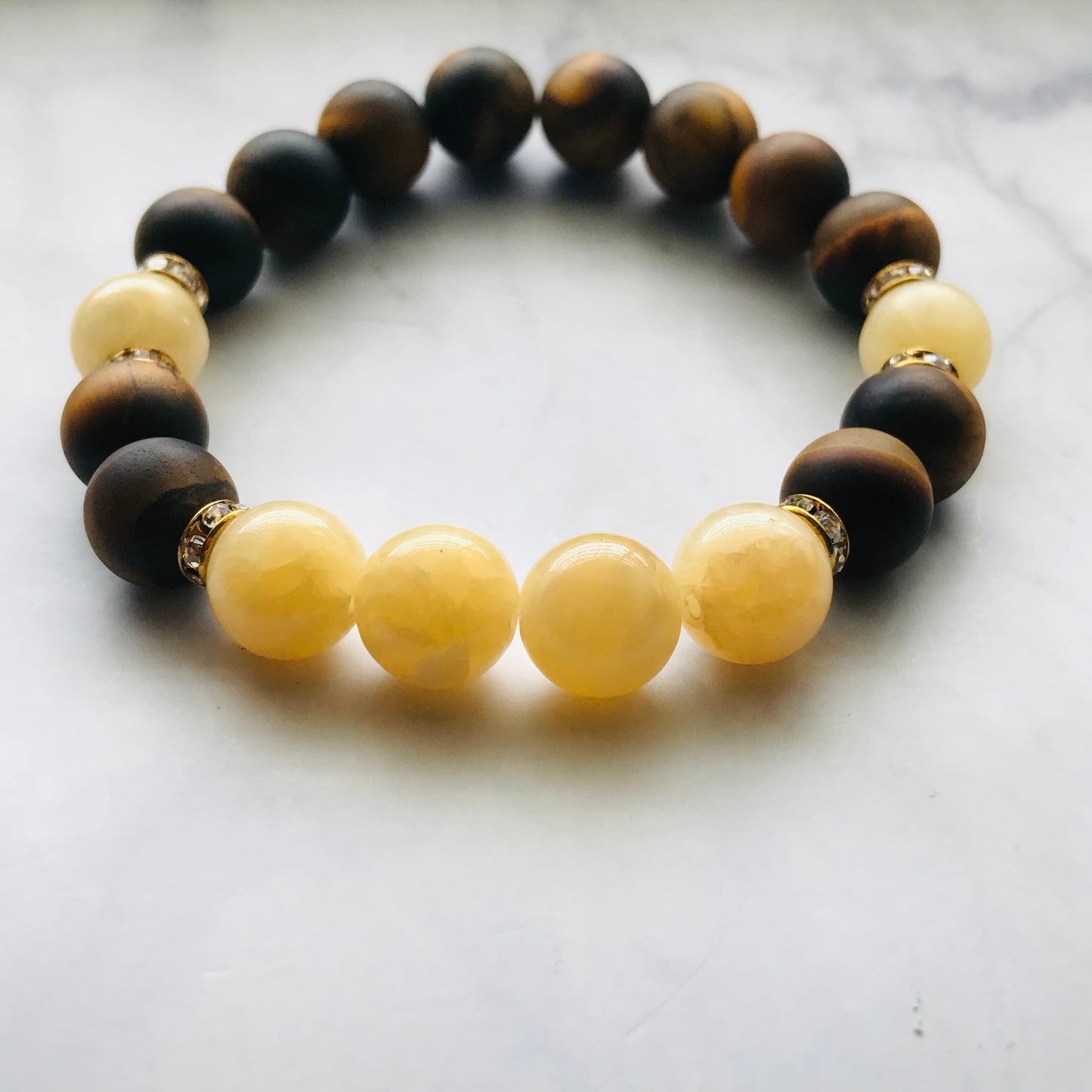 Handmade Solar Plexus Chakra -Yellow Calcite & Tiger's Eye Gemstone Bracelet - PharosMoon