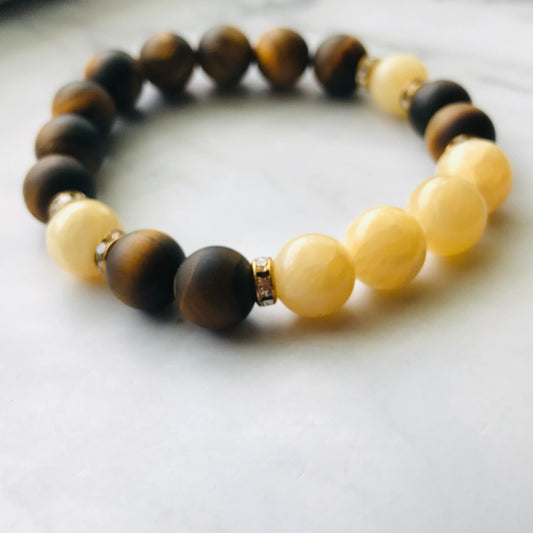 Handmade Solar Plexus Chakra -Yellow Calcite & Tiger's Eye Gemstone Bracelet - PharosMoon