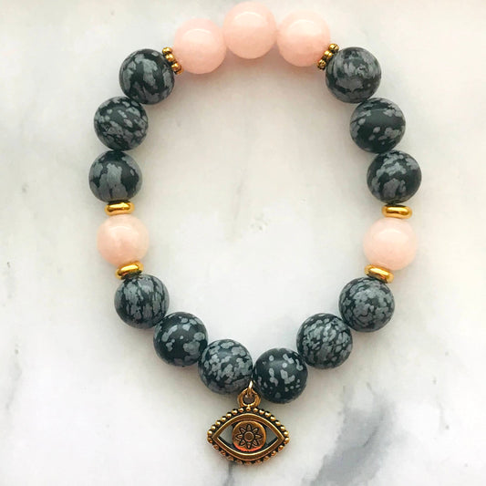 Handmade Snowflake Obsidian and Pink Adventurine Gemstone Bracelet