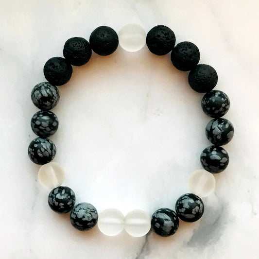 Handmade Snowflake Obsidian, Lava Stone, Clear Quartz Energy Healing Gemstone Bracelet