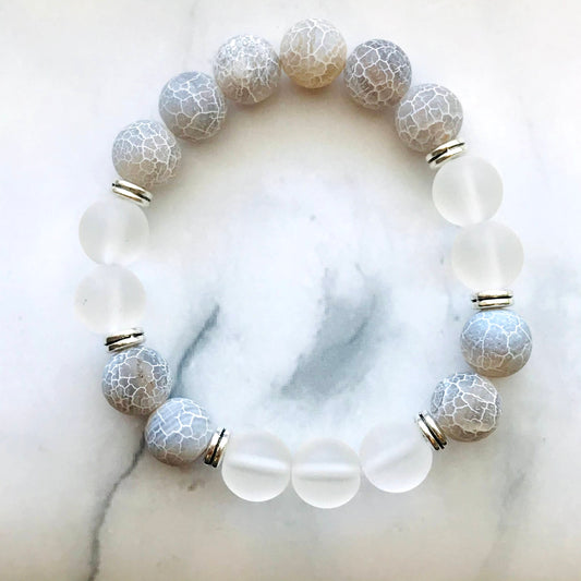 Handmade Gray Agate, Aquamarine, Clear Quartz Energy Healing Gemstone Bracelet