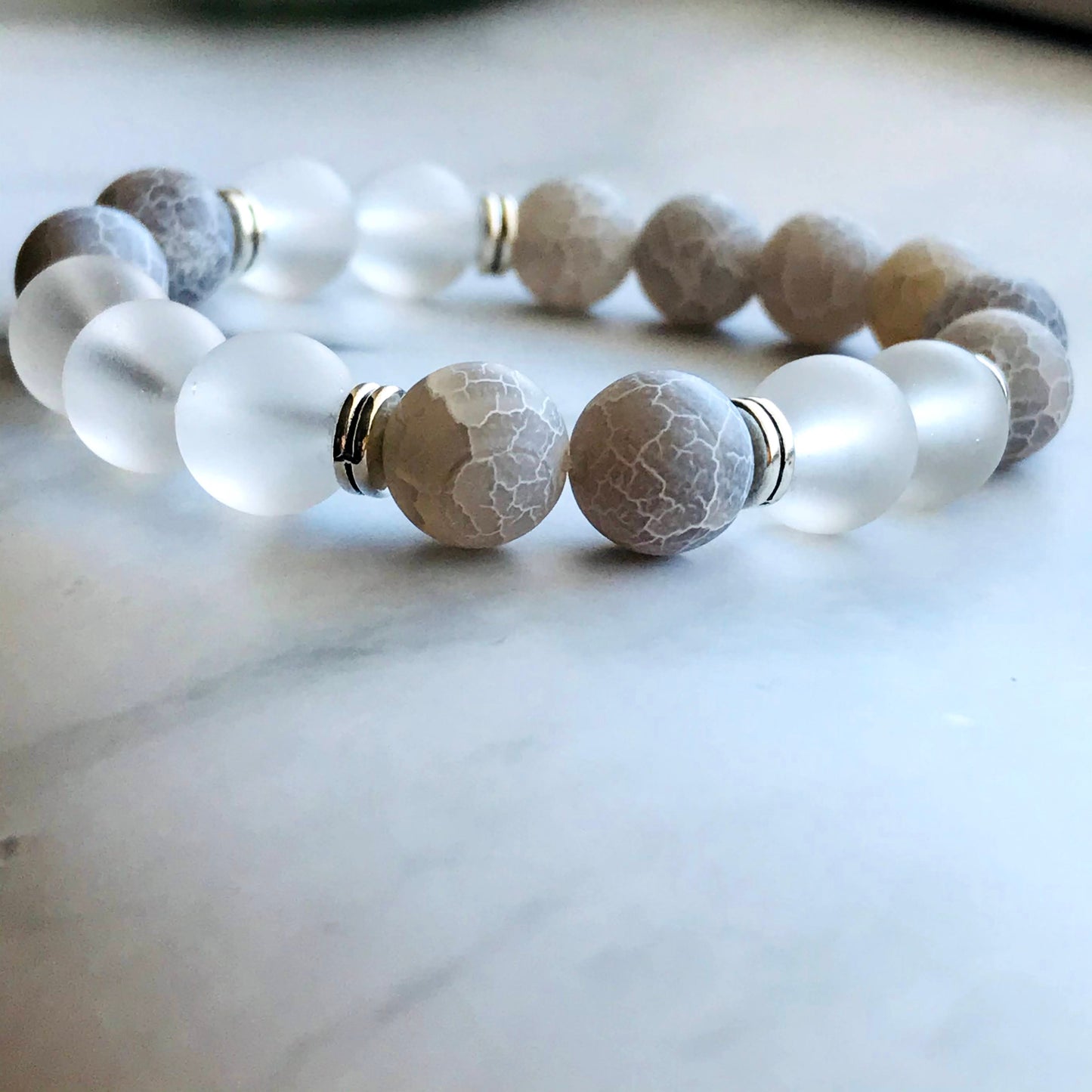 Handmade Gray Agate, Aquamarine, Clear Quartz Energy Healing Gemstone Bracelet