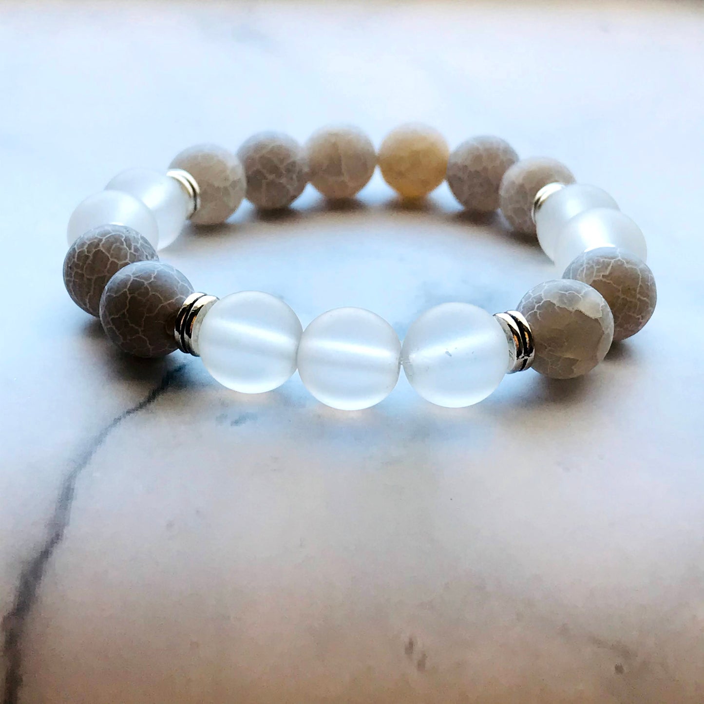 Handmade Gray Agate, Aquamarine, Clear Quartz Energy Healing Gemstone Bracelet