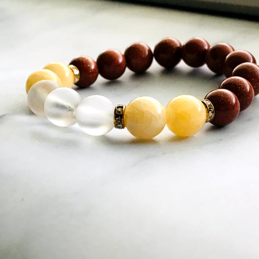 Handmade Sandstone, Yellow Jade, Clear Quartz Energy Healing Gemstone Bracelet