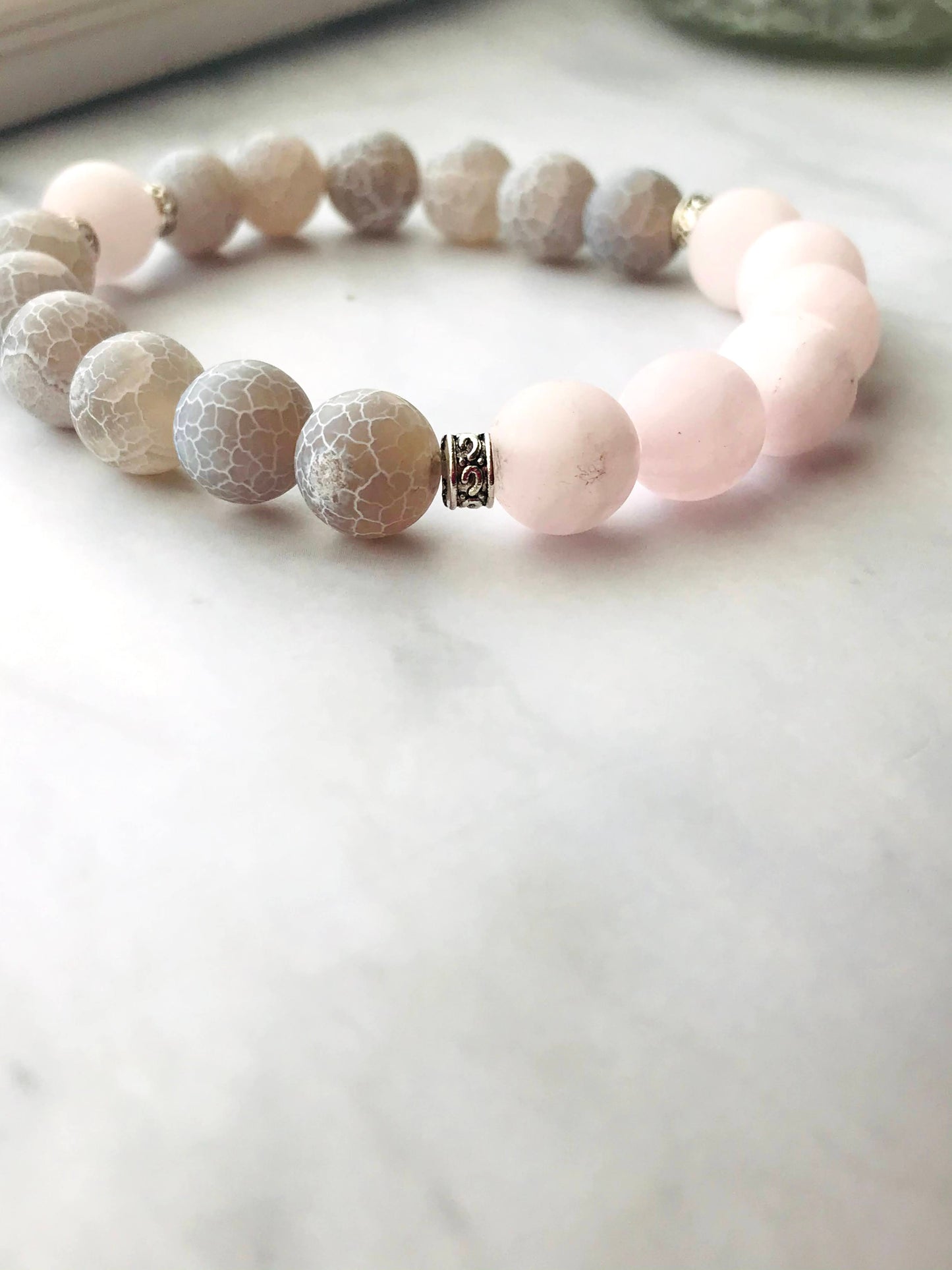 Handmade Gray Agate and Rose Quartz Energy Healing Gemstone Bracelet
