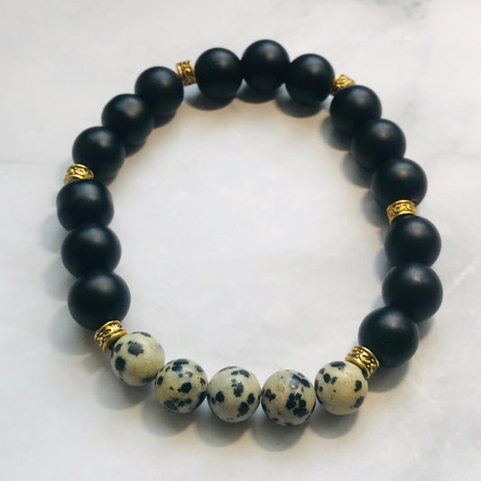 Black Onyx and Dalmatian Jasper Gemstone Handmade Bracelet, Energy Bracelet, Energy Healing, Gemstone Beaded Bracelet