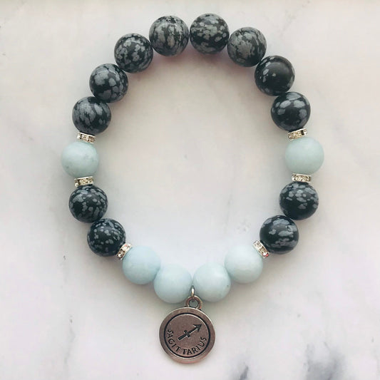 Handmade Snowflake Obsidian & Aquamarine Gemstone bracelet, Energy Healing Bracelet, Energy Healing, Chakra Healing Bracelet