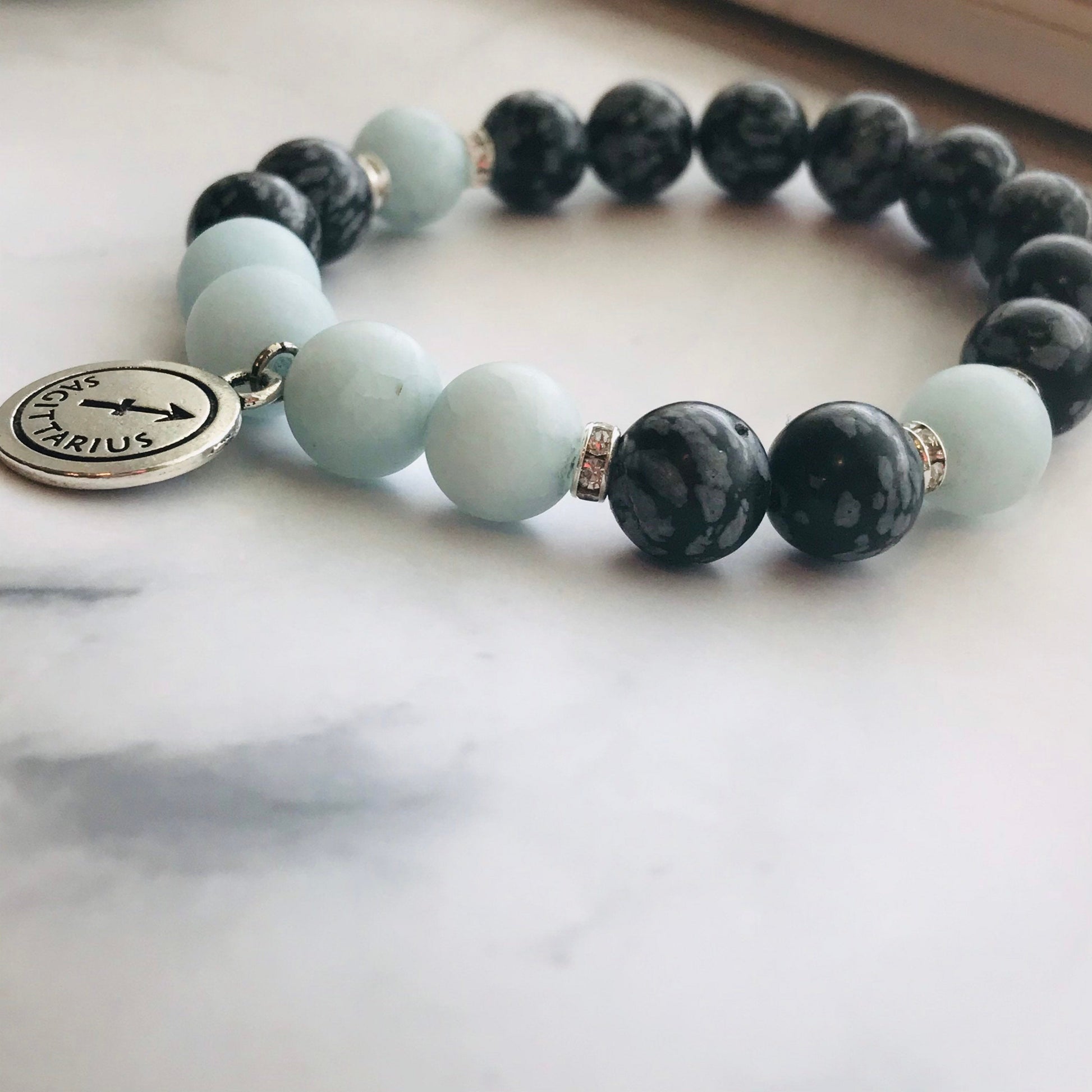 Handmade Snowflake Obsidian & Aquamarine Gemstone bracelet, Energy Healing Bracelet, Energy Healing, Chakra Healing Bracelet