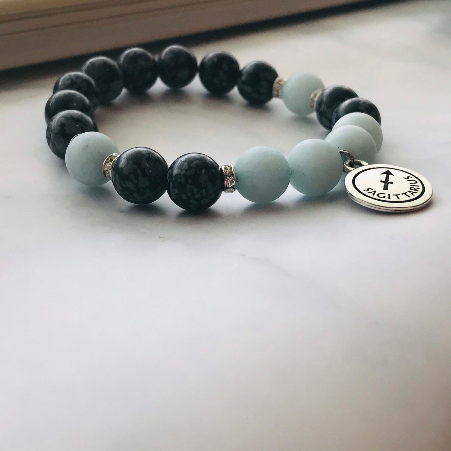 Handmade Snowflake Obsidian & Aquamarine Gemstone bracelet, Energy Healing Bracelet, Energy Healing, Chakra Healing Bracelet