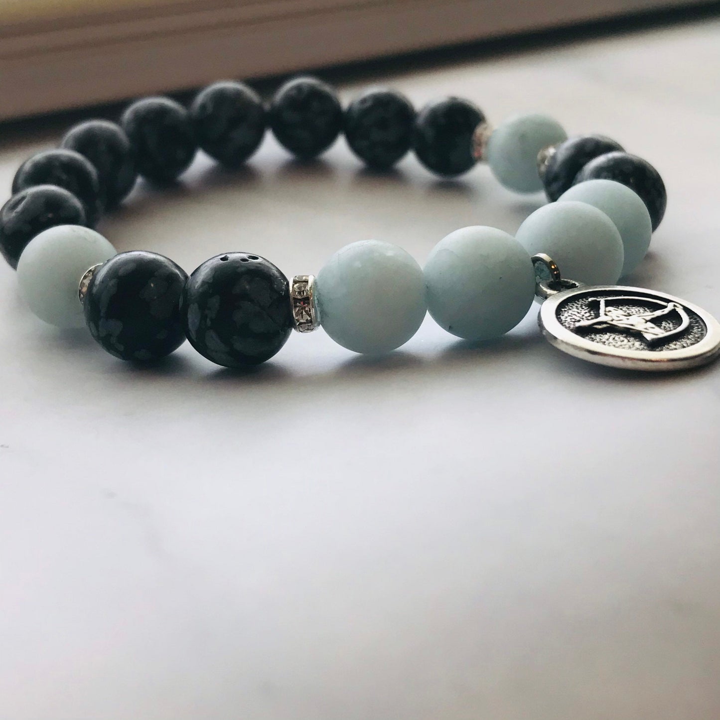 Handmade Snowflake Obsidian & Aquamarine Gemstone bracelet, Energy Healing Bracelet, Energy Healing, Chakra Healing Bracelet