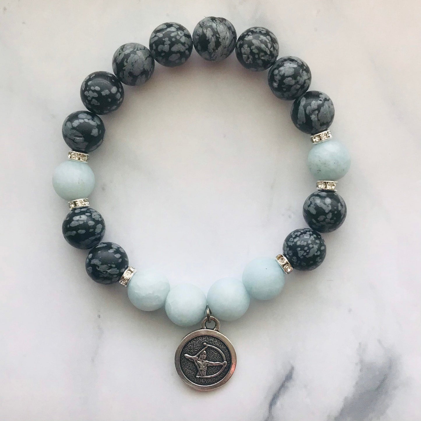 Handmade Snowflake Obsidian & Aquamarine Gemstone bracelet, Energy Healing Bracelet, Energy Healing, Chakra Healing Bracelet