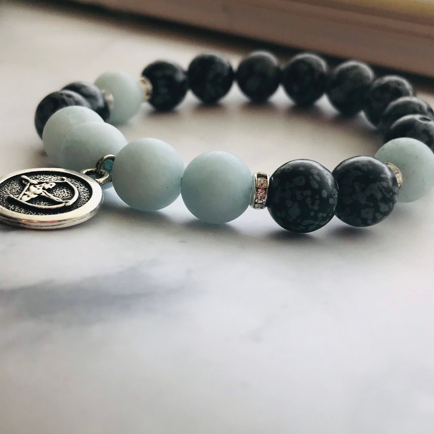 Handmade Snowflake Obsidian & Aquamarine Gemstone bracelet, Energy Healing Bracelet, Energy Healing, Chakra Healing Bracelet