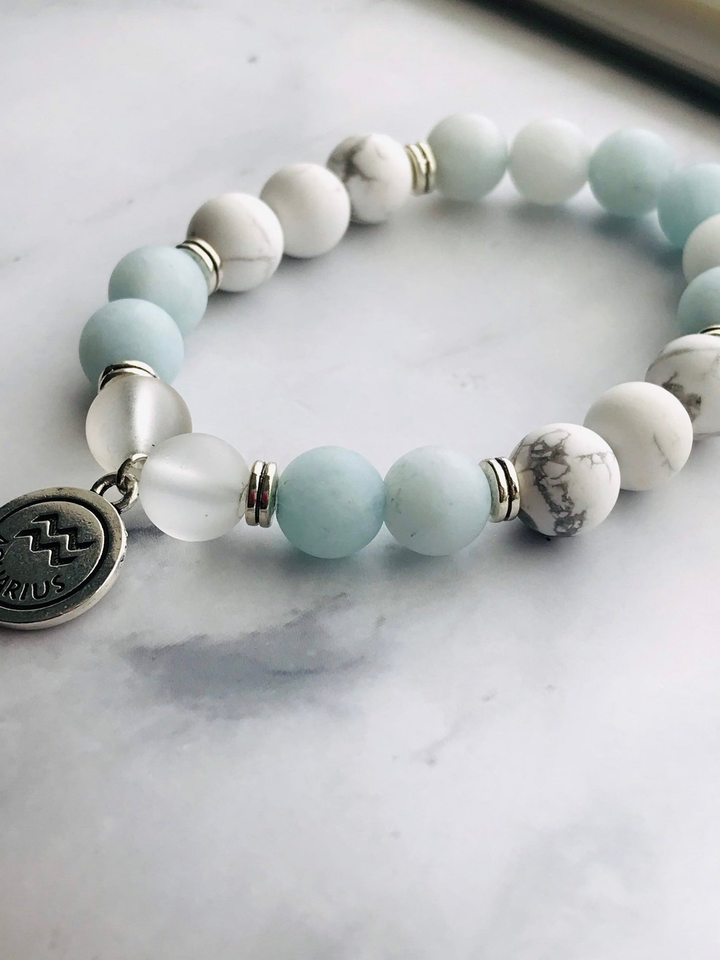 Aquamarine, Clear Quartz,Howlite Handmade Gemstone Bracelet, Energy Bracelet, Gemstone Bracelet, Beaded Bracelet, Aquarius Silver Charm