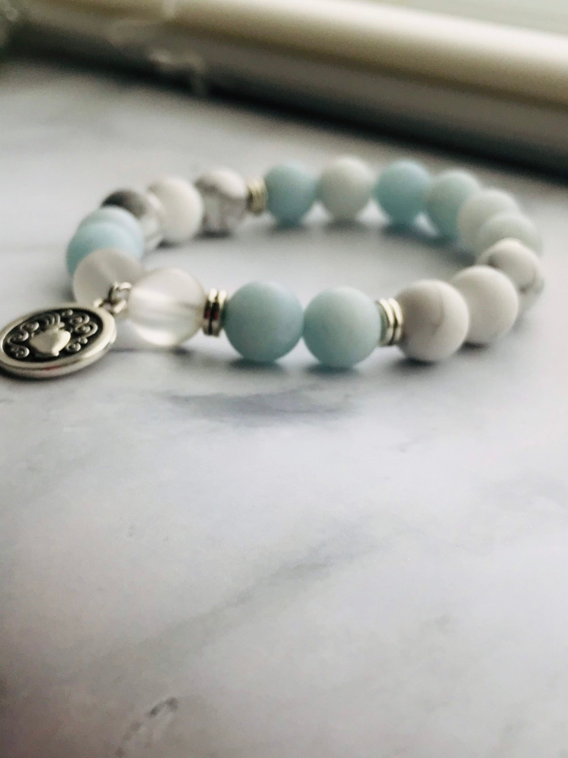 Aquamarine, Clear Quartz,Howlite Handmade Gemstone Bracelet, Energy Bracelet, Gemstone Bracelet, Beaded Bracelet, Aquarius Silver Charm