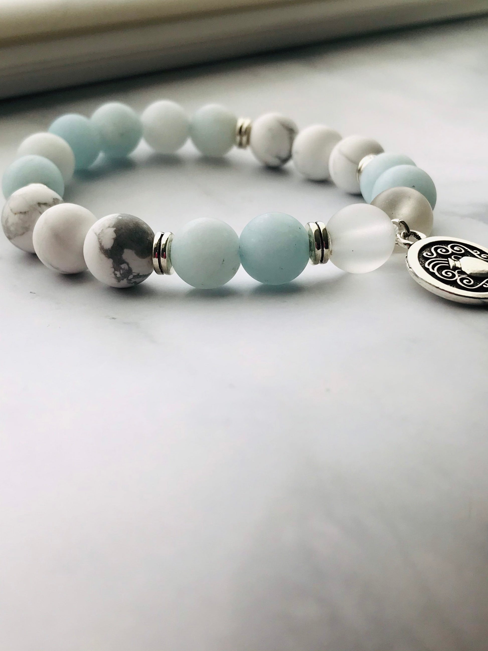 Aquamarine, Clear Quartz,Howlite Handmade Gemstone Bracelet, Energy Bracelet, Gemstone Bracelet, Beaded Bracelet, Aquarius Silver Charm