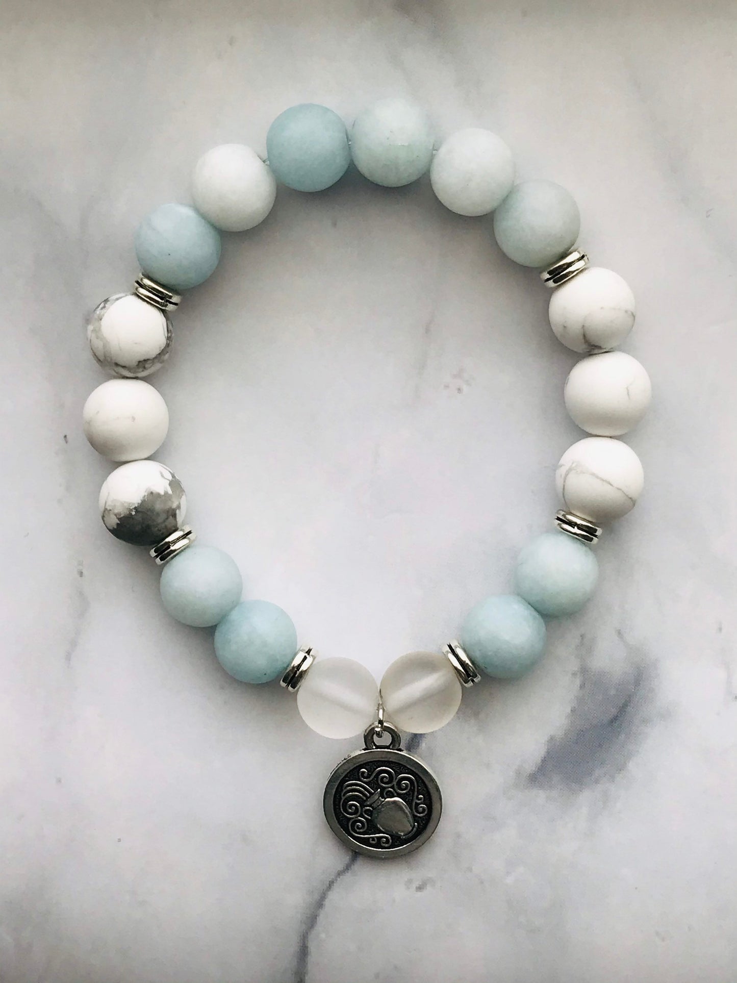 Aquamarine, Clear Quartz,Howlite Handmade Gemstone Bracelet, Energy Bracelet, Gemstone Bracelet, Beaded Bracelet, Aquarius Silver Charm