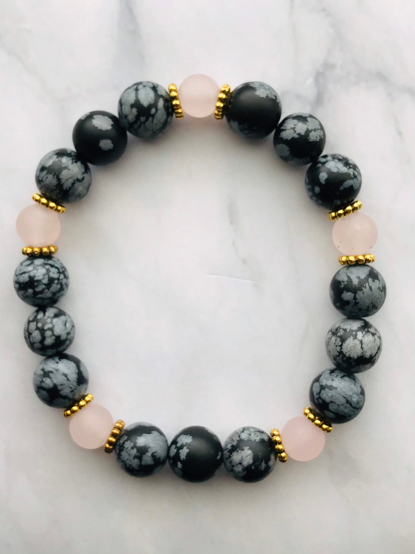 Snowflake Obsidian and Rose Quartz Gemstone Handmade Bracelet, Energy Bracelet, Energy Healing, Gemstone Beaded Bracelet