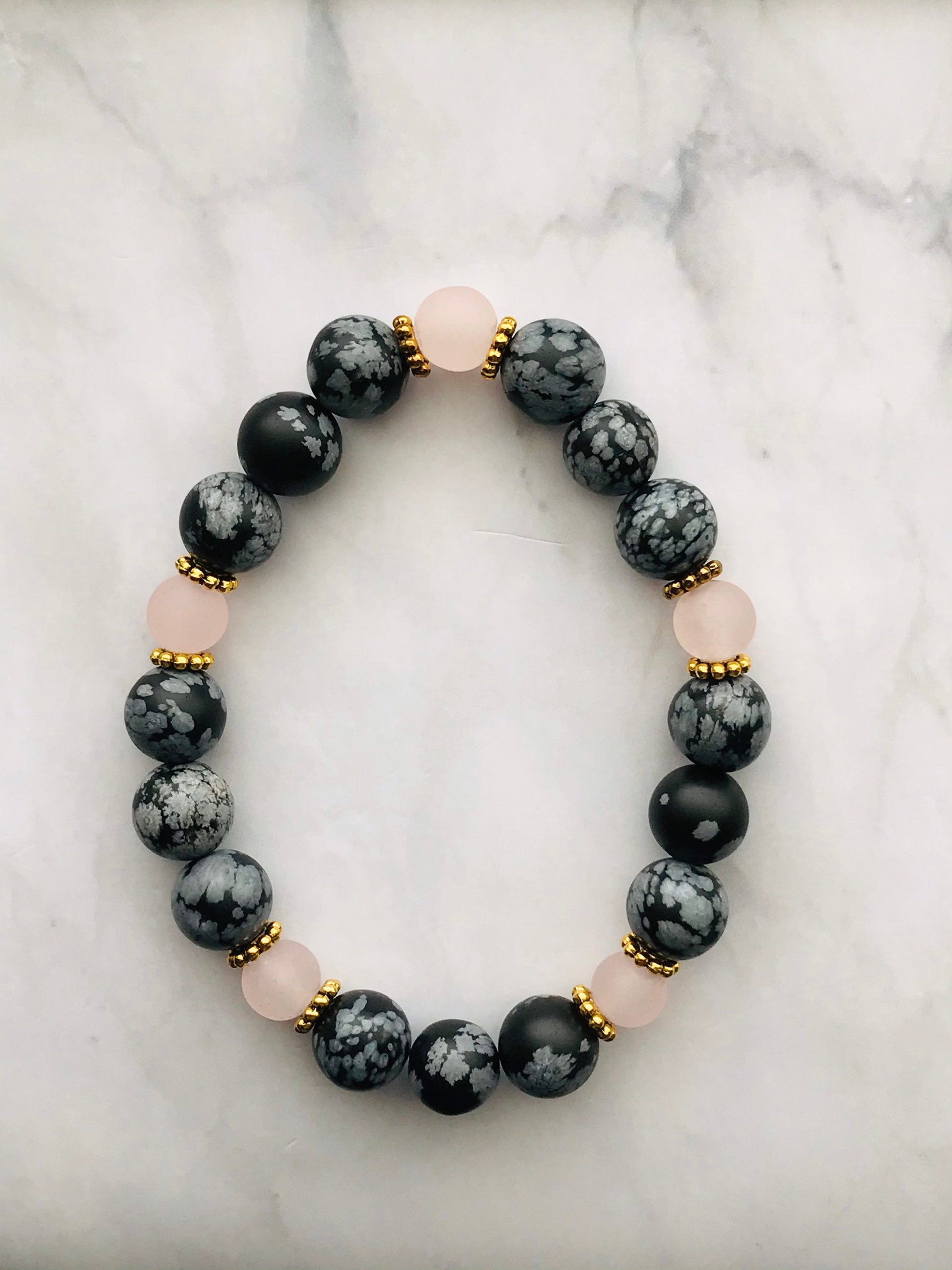 Snowflake Obsidian and Rose Quartz Gemstone Handmade Bracelet, Energy Bracelet, Energy Healing, Gemstone Beaded Bracelet