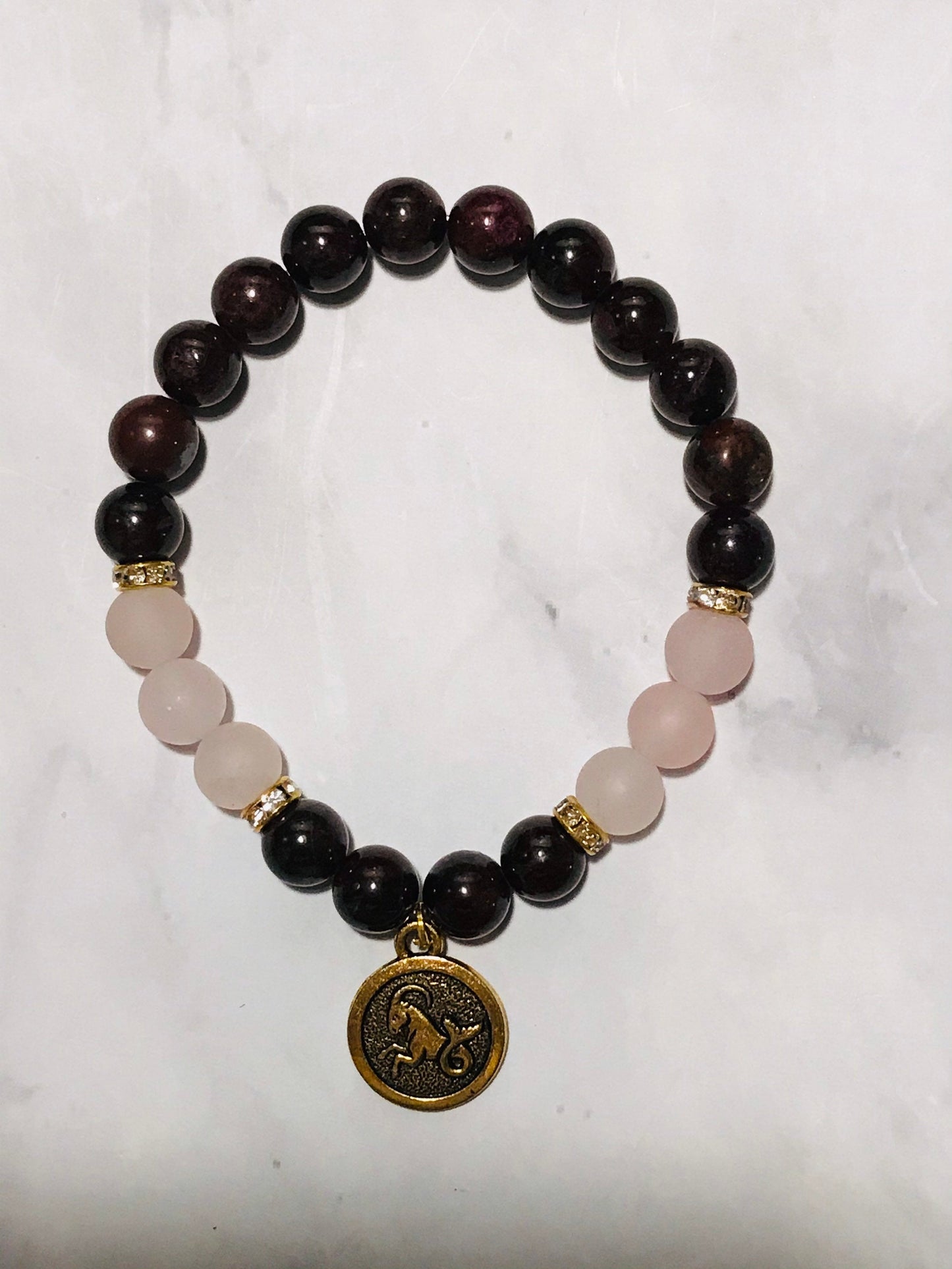 Red Garnet and Rose Quartz Gemstone Handmade Bracelet, Energy Bracelet, Gemstone Beaded Bracelet, Capricorn Charm