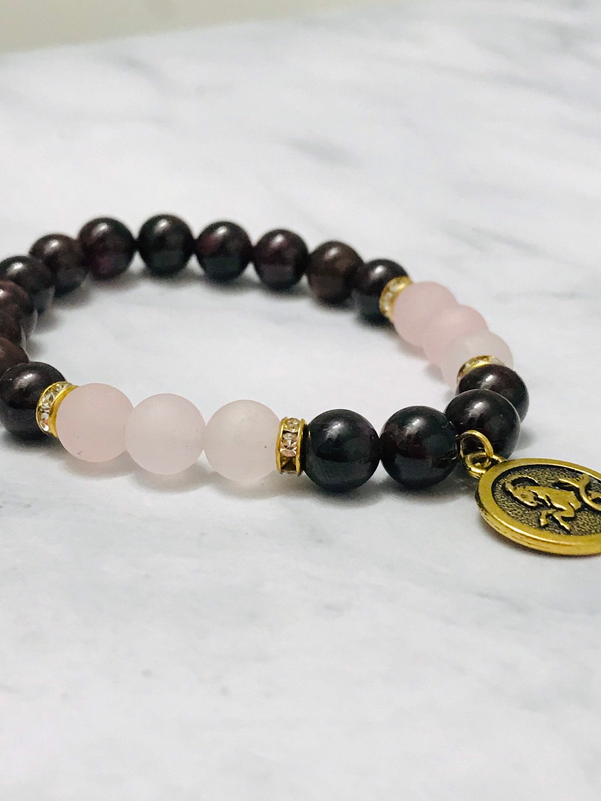 Red Garnet and Rose Quartz Gemstone Handmade Bracelet, Energy Bracelet, Gemstone Beaded Bracelet, Capricorn Charm