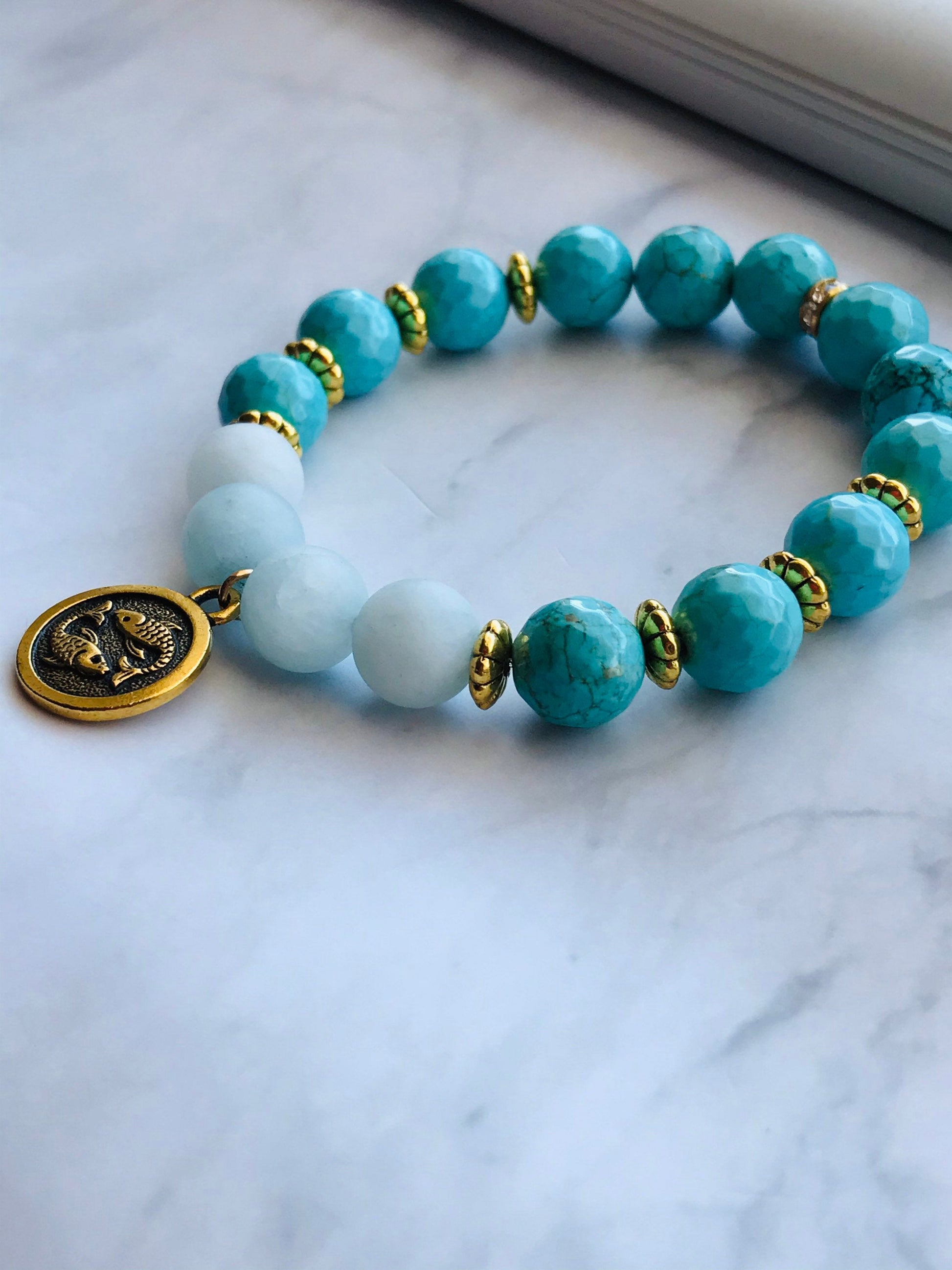 Turquoise and Aquamarine Handmade Gemstone Bracelet, Energy Bracelet, Gemstone Bracelet, Beaded Bracelet with Pisces Charm