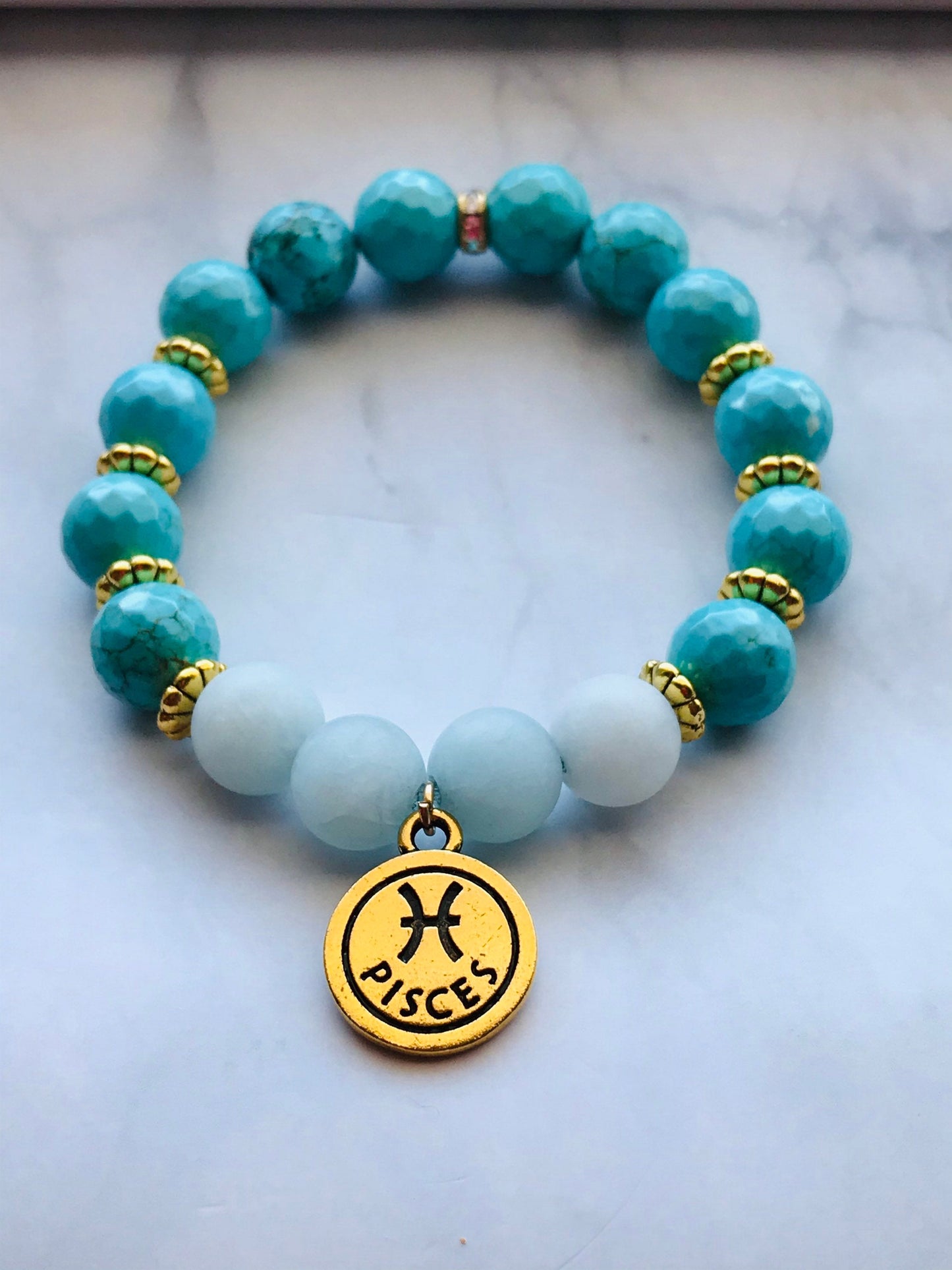 Turquoise and Aquamarine Handmade Gemstone Bracelet, Energy Bracelet, Gemstone Bracelet, Beaded Bracelet with Pisces Charm