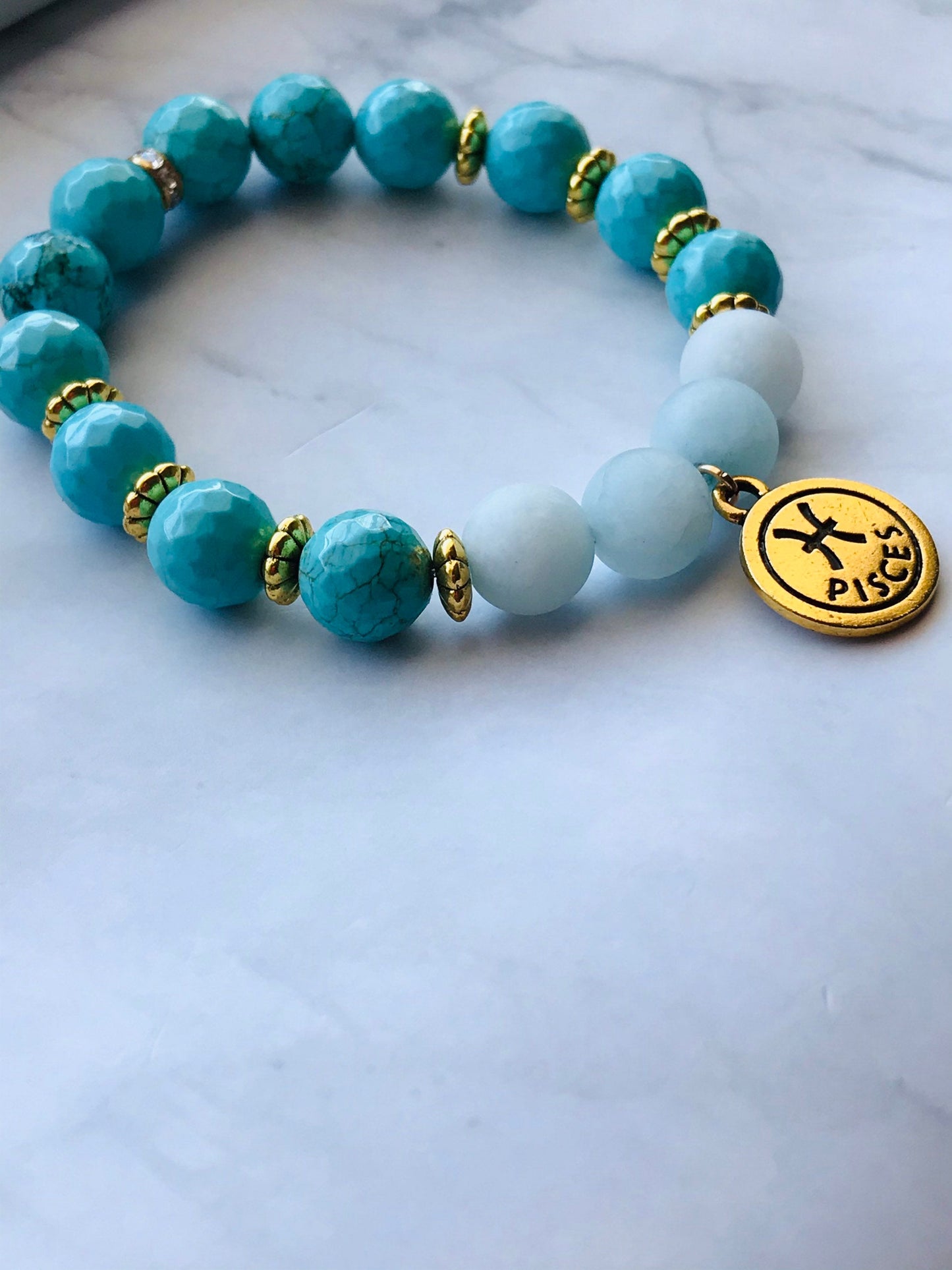 Turquoise and Aquamarine Handmade Gemstone Bracelet, Energy Bracelet, Gemstone Bracelet, Beaded Bracelet with Pisces Charm