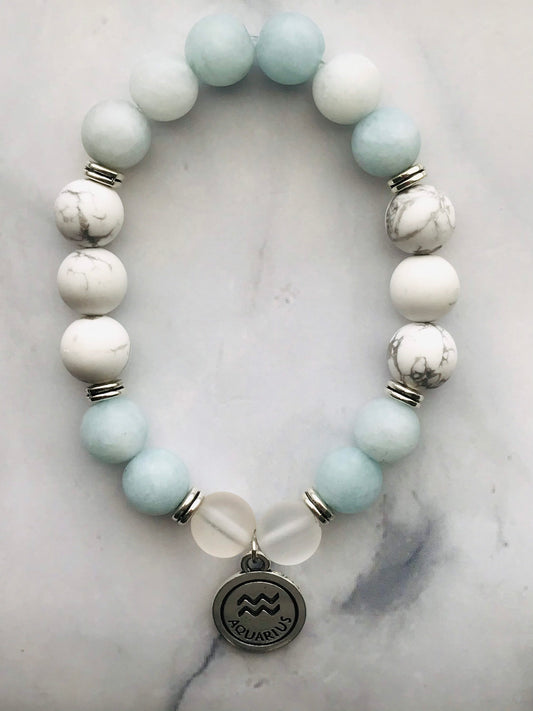 Aquamarine, Clear Quartz,Howlite Handmade Gemstone Bracelet, Energy Bracelet, Gemstone Bracelet, Beaded Bracelet, Aquarius Silver Charm