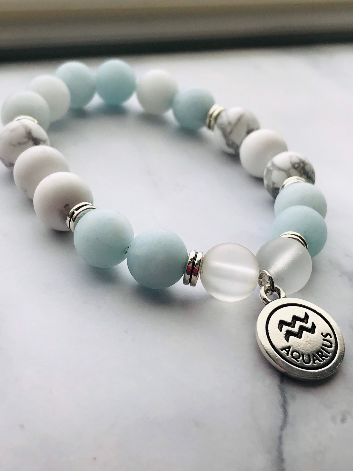 Aquamarine, Clear Quartz,Howlite Handmade Gemstone Bracelet, Energy Bracelet, Gemstone Bracelet, Beaded Bracelet, Aquarius Silver Charm