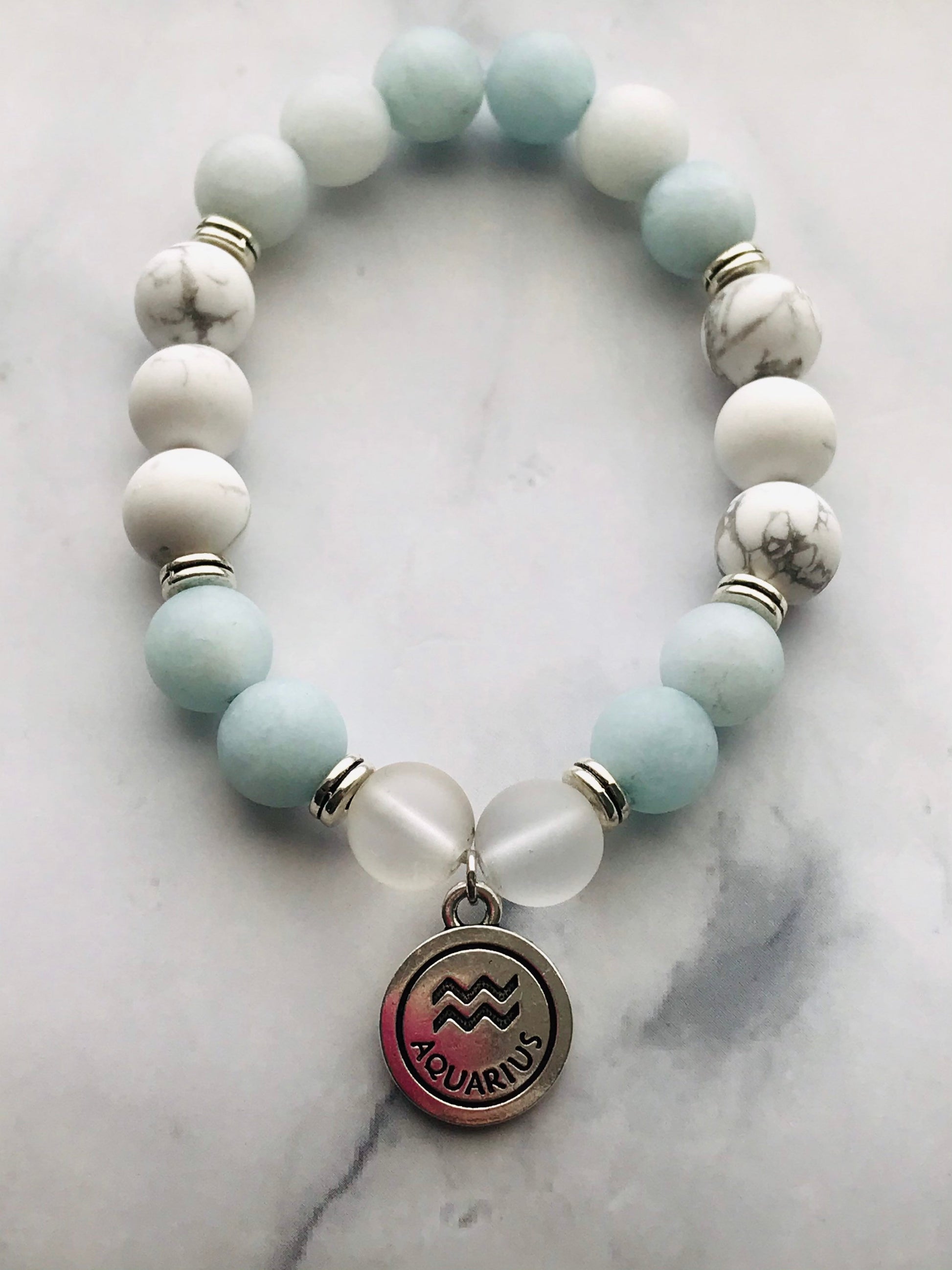 Aquamarine, Clear Quartz,Howlite Handmade Gemstone Bracelet, Energy Bracelet, Gemstone Bracelet, Beaded Bracelet, Aquarius Silver Charm