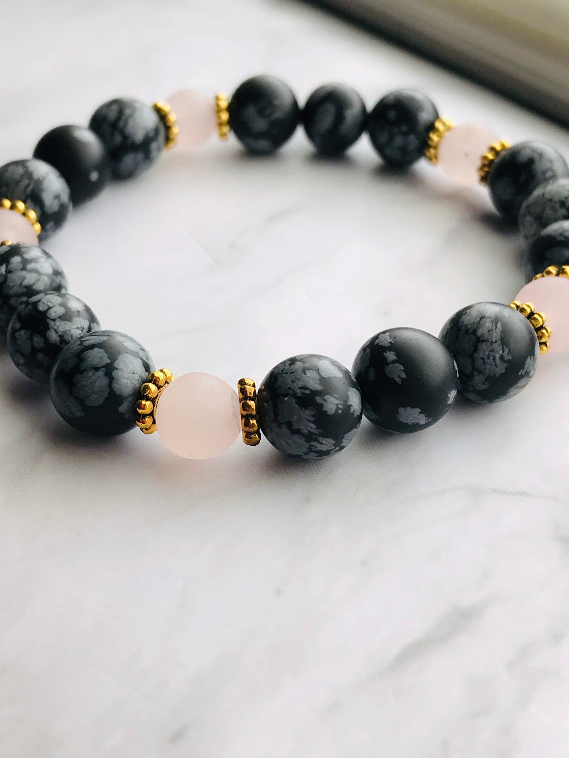 Snowflake Obsidian and Rose Quartz Gemstone Handmade Bracelet, Energy Bracelet, Energy Healing, Gemstone Beaded Bracelet