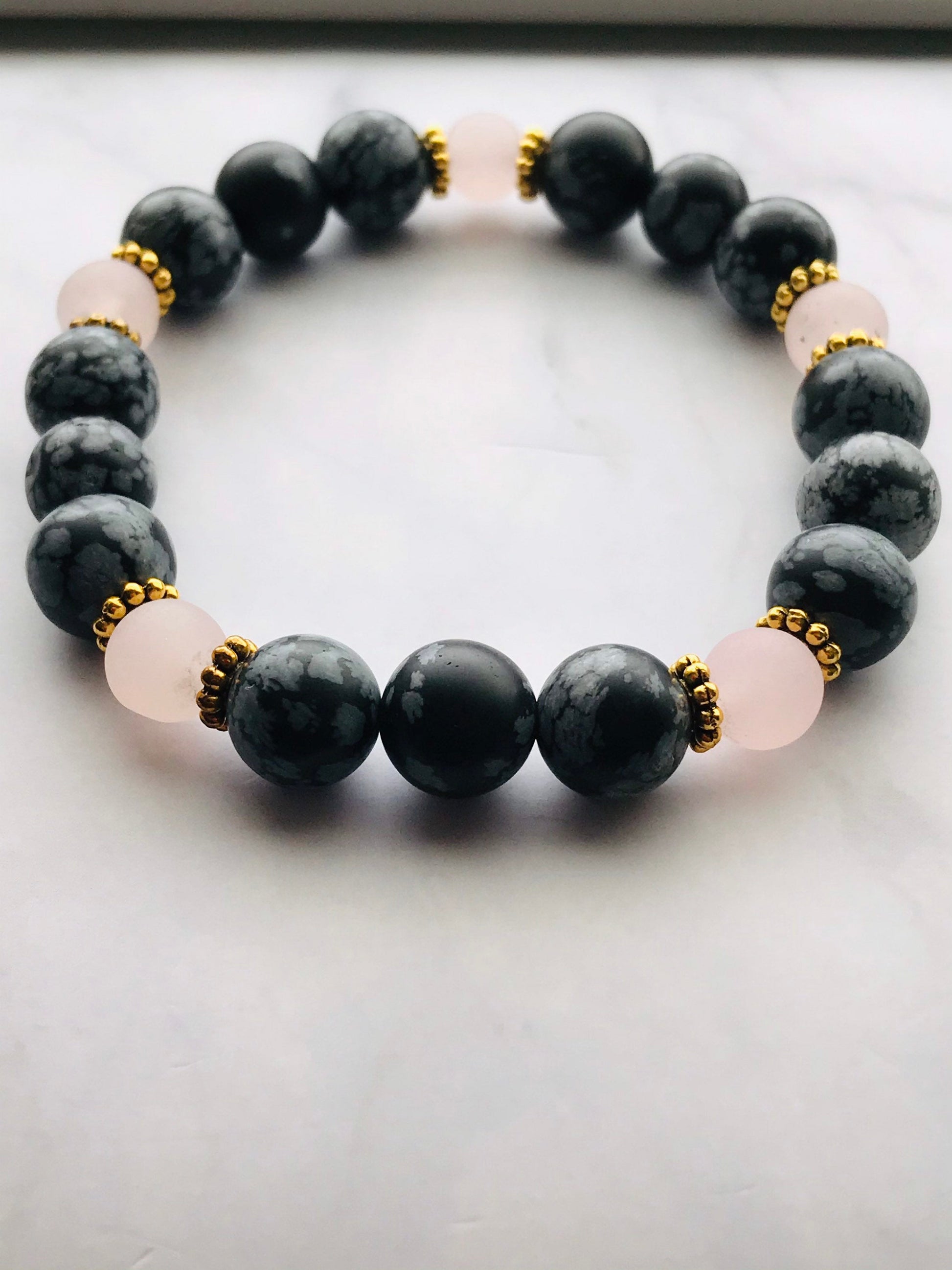 Snowflake Obsidian and Rose Quartz Gemstone Handmade Bracelet, Energy Bracelet, Energy Healing, Gemstone Beaded Bracelet